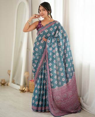 green color tissue fabric smart printed saree with beautiful border work 4