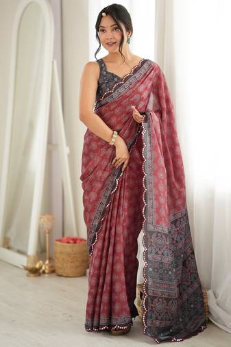 rust color tissue fabric smart printed saree with beautiful border work