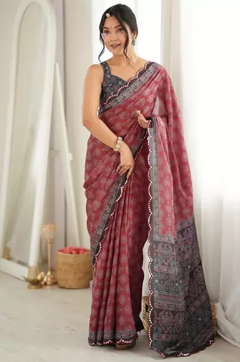 rust color tissue fabric smart printed saree with beautiful border work