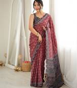rust color tissue fabric smart printed saree with beautiful border work