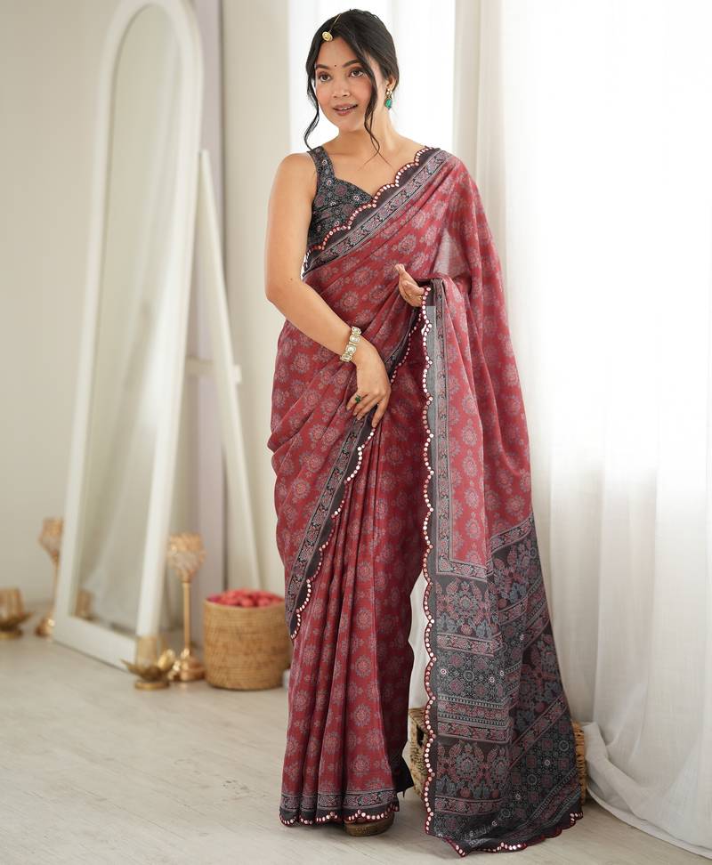 rust color tissue fabric smart printed saree with beautiful border work
