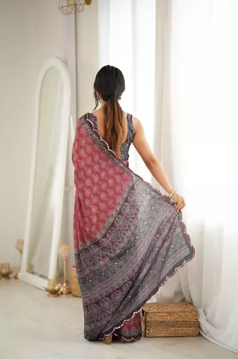 rust color tissue fabric smart printed saree with beautiful border work