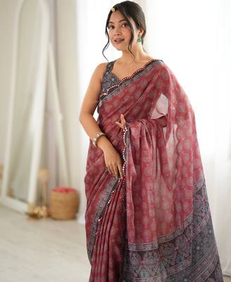 rust color tissue fabric smart printed saree with beautiful border work 3