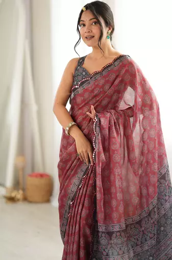 rust color tissue fabric smart printed saree with beautiful border work