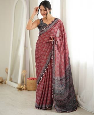 rust color tissue fabric smart printed saree with beautiful border work 4
