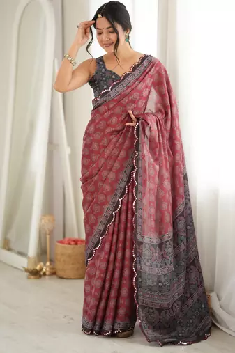 rust color tissue fabric smart printed saree with beautiful border work
