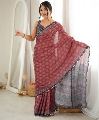 rust color tissue fabric smart printed saree with beautiful border work 5