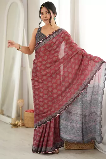 rust color tissue fabric smart printed saree with beautiful border work
