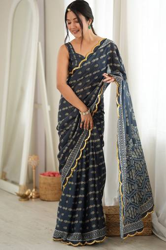 grey color tissue fabric smart printed graceful looks saree