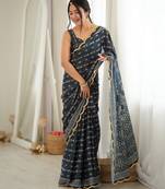 Grey color chinon fabric smart printed graceful looks saree