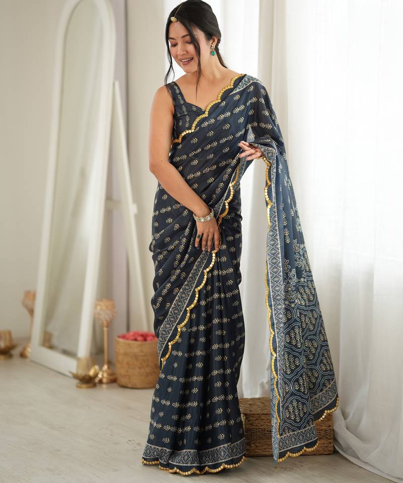 Grey color chinon fabric smart printed graceful looks saree