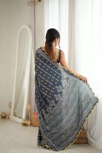 grey color tissue fabric smart printed graceful looks saree