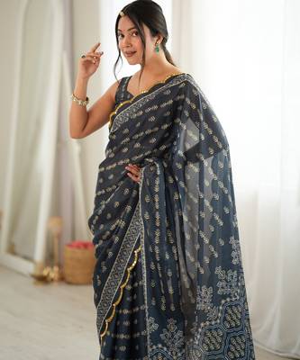 Grey color chinon fabric smart printed graceful looks saree 3