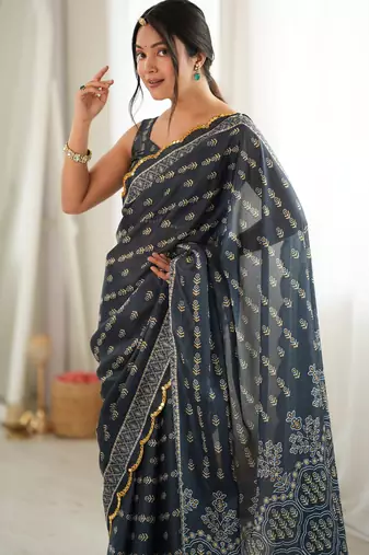 grey color tissue fabric smart printed graceful looks saree