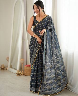 Grey color chinon fabric smart printed graceful looks saree 4
