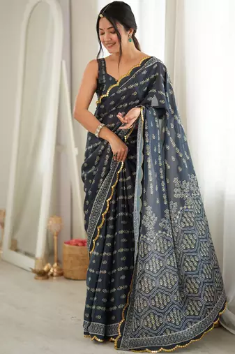 grey color tissue fabric smart printed graceful looks saree