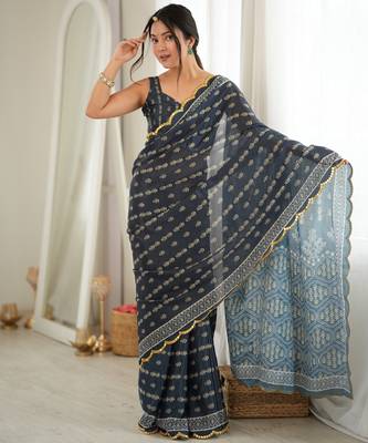 Grey color chinon fabric smart printed graceful looks saree 5