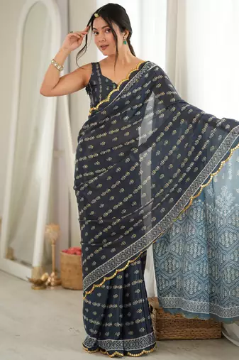 grey color tissue fabric smart printed graceful looks saree