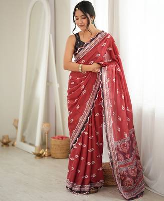 rust color tissue fabric smart printed graceful looks saree 1