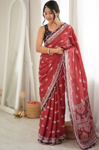 rust color tissue fabric smart printed graceful looks saree