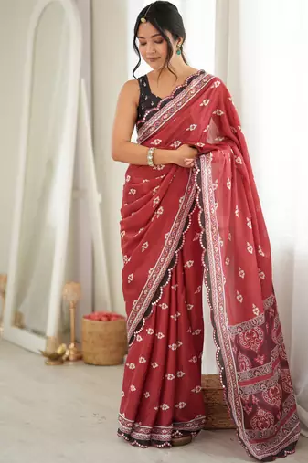 rust color tissue fabric smart printed graceful looks saree