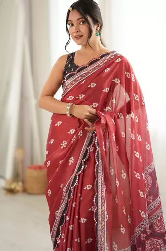 rust color tissue fabric smart printed graceful looks saree