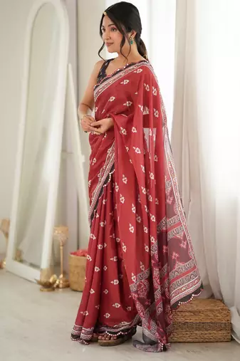 rust color tissue fabric smart printed graceful looks saree