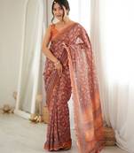 Orange color chinon fabric smart printed graceful looks saree