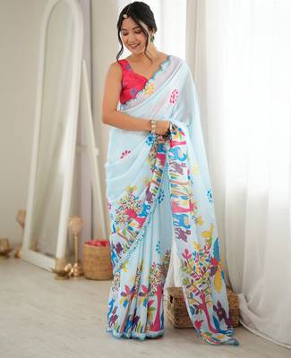 sky blue color tissue fabric smart printed graceful looks saree 1