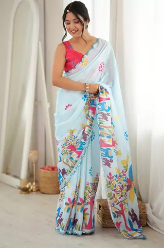 sky blue color tissue fabric smart printed graceful looks saree