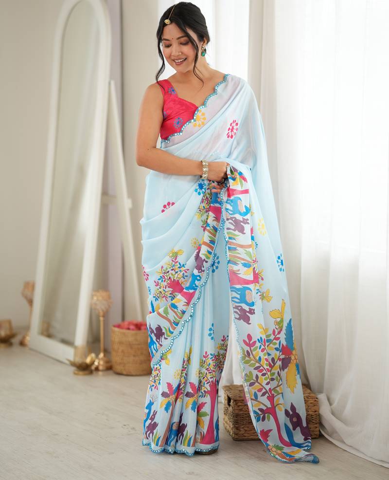 sky blue color tissue fabric smart printed graceful looks saree