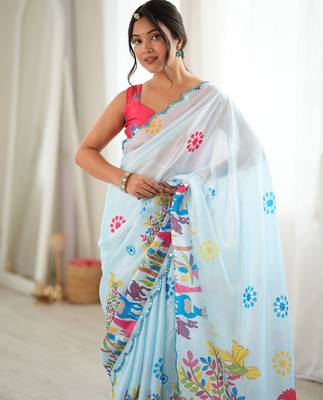 sky blue color tissue fabric smart printed graceful looks saree 3