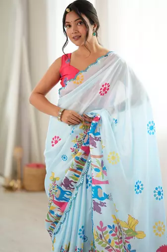 sky blue color tissue fabric smart printed graceful looks saree