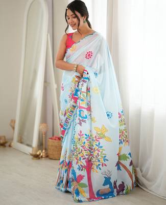 sky blue color tissue fabric smart printed graceful looks saree 4