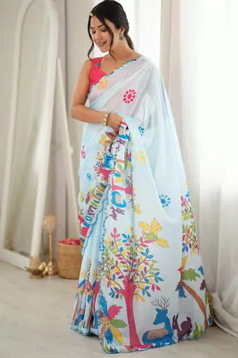 sky blue color tissue fabric smart printed graceful looks saree