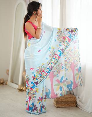 sky blue color tissue fabric smart printed graceful looks saree 5