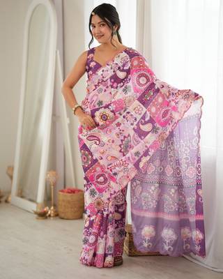 Purple color chinon fabric smart printed graceful looks saree 1