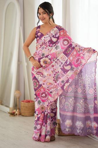 Purple color chinon fabric smart printed graceful looks saree