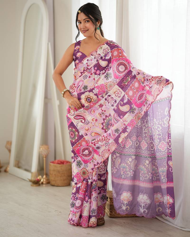 Purple color chinon fabric smart printed graceful looks saree