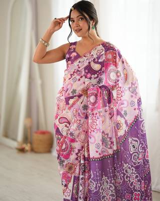 Purple color chinon fabric smart printed graceful looks saree 3