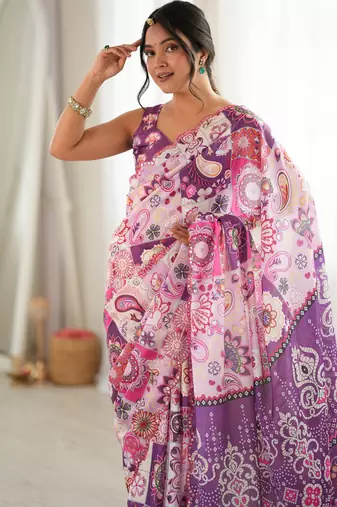 purple color tissue fabric smart printed graceful looks saree