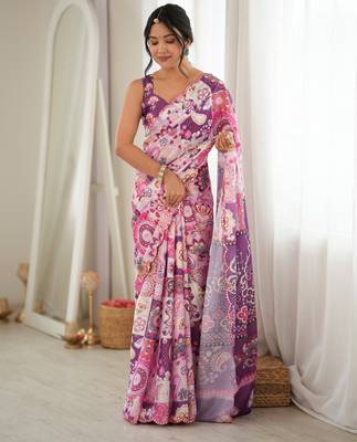 Purple color chinon fabric smart printed graceful looks saree 4