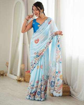 Sky blue color chinon fabric smart printed graceful looks saree 1