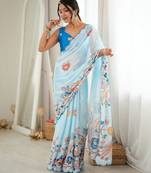 Sky blue color chinon fabric smart printed graceful looks saree