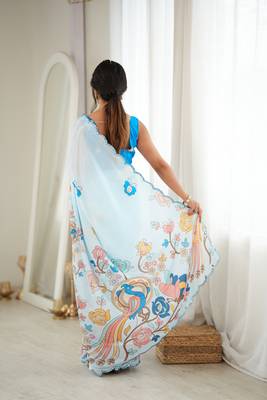 Sky blue color chinon fabric smart printed graceful looks saree 2