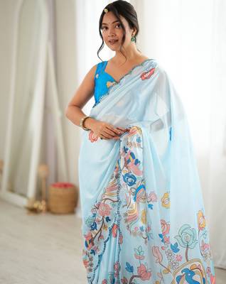 Sky blue color chinon fabric smart printed graceful looks saree 3