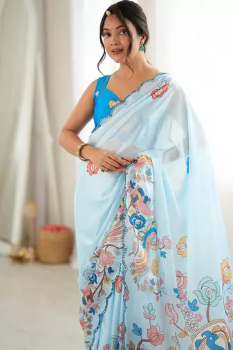 sky blue color tissue fabric smart printed graceful looks saree