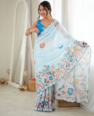 Sky blue color chinon fabric smart printed graceful looks saree 4
