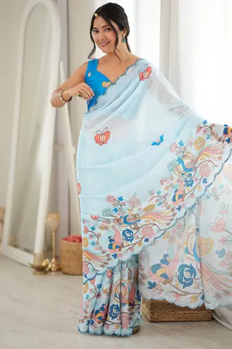 sky blue color tissue fabric smart printed graceful looks saree