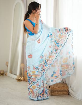Sky blue color chinon fabric smart printed graceful looks saree 5